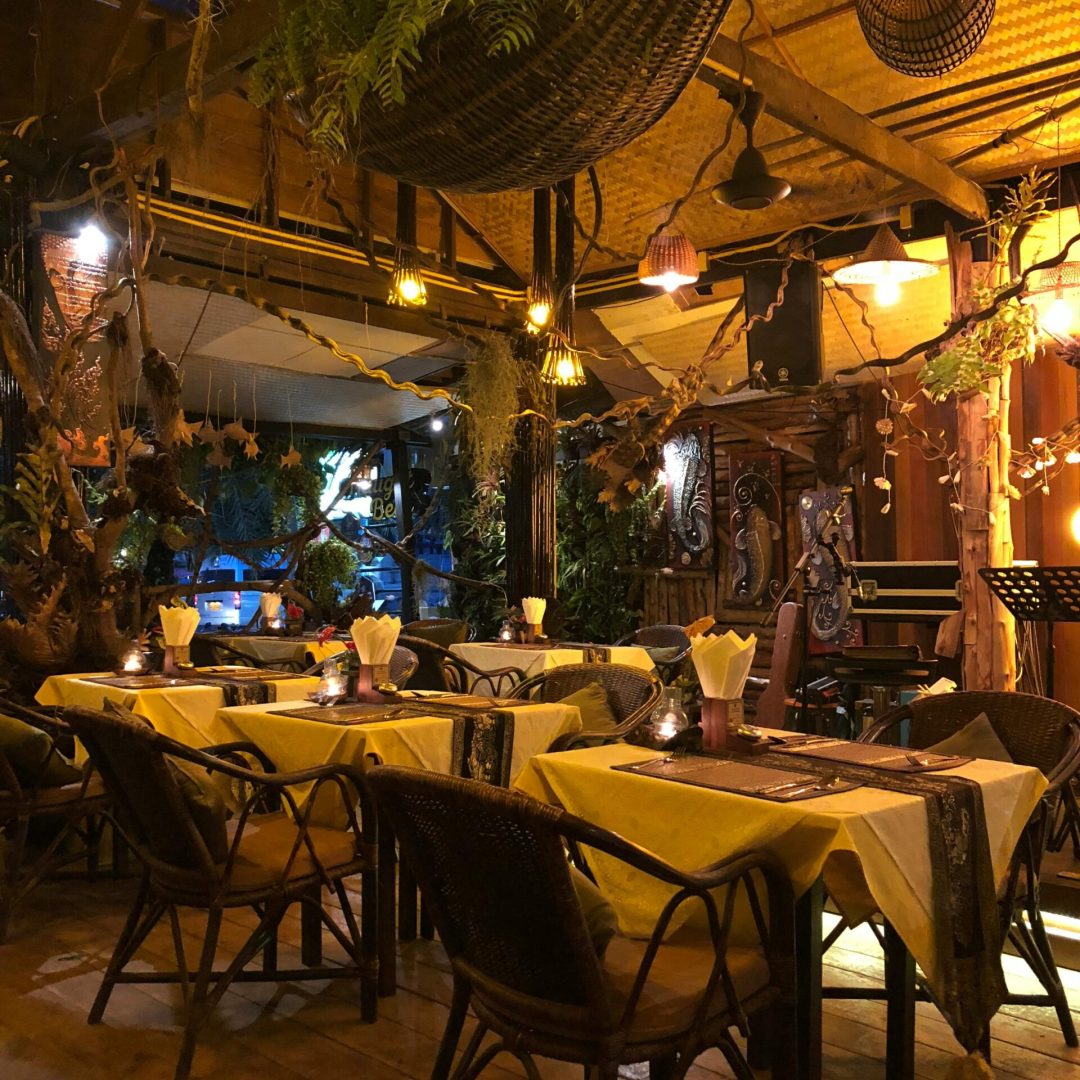 Charming rustic restaurant setting with warm lighting and decorative plants, perfect for a cozy dining experience.