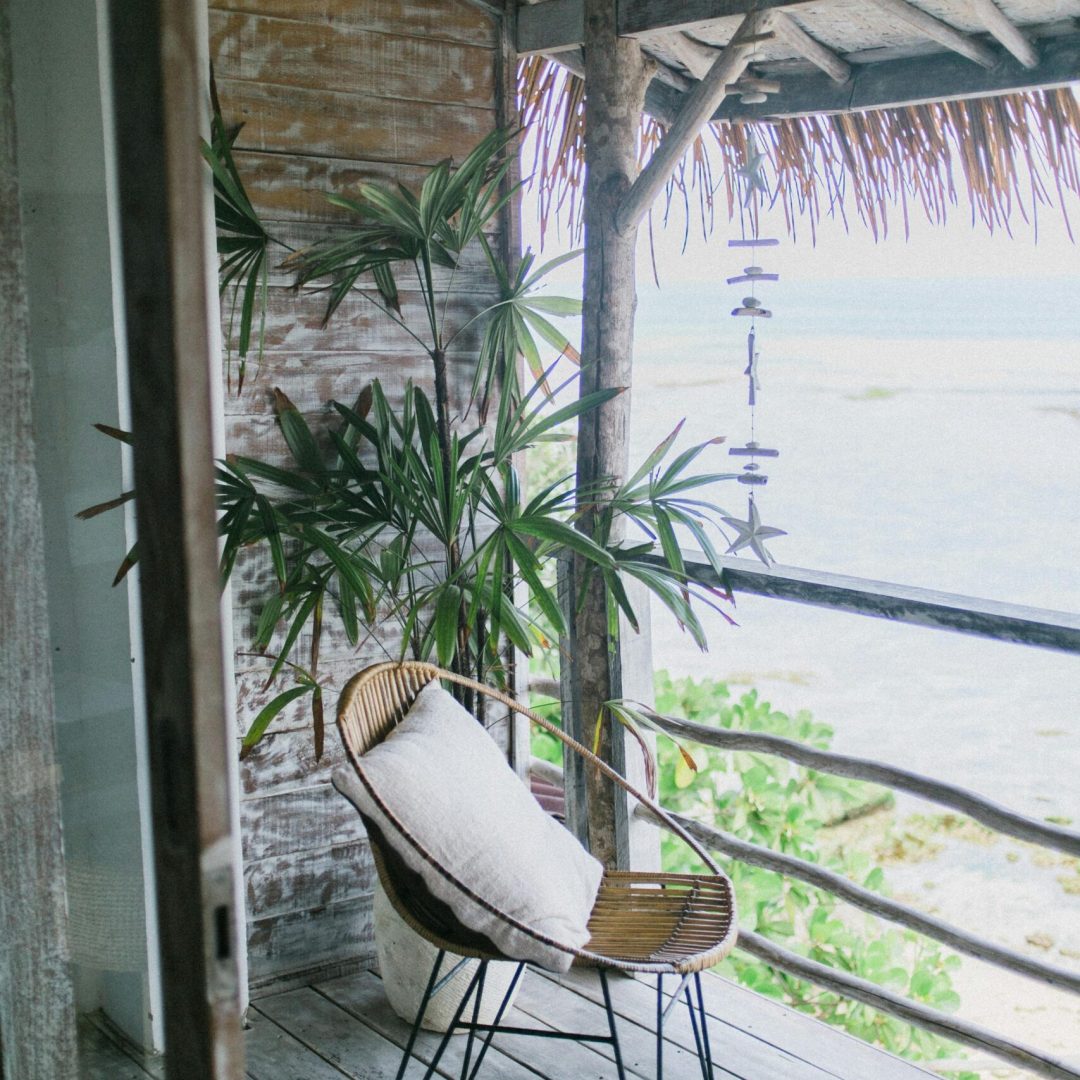 White cushion in small round chair on terrace of simple wooden house decorated with green exotic plant in daytime